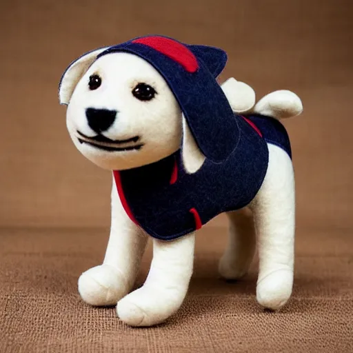 Image similar to a cute elegant felt plush doll of a dog wearing overalls detailed highly realistic