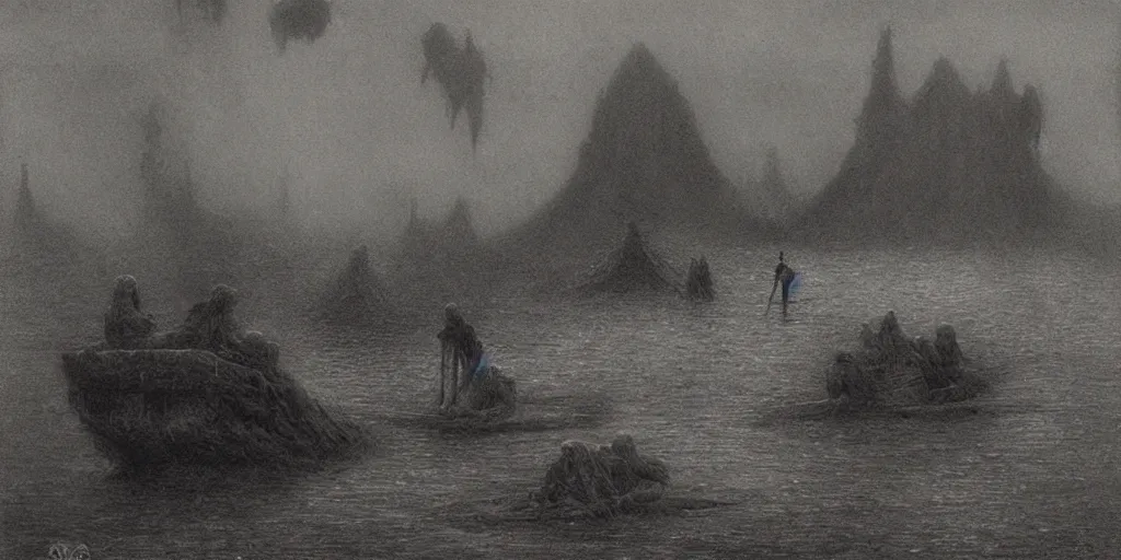 Prompt: ferrying deceased souls across the river and into the underworld by beksinski, wayne barlowe