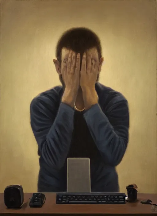 Image similar to portrait of a sleepy - looking programmer guy begging for forgiveness in front of his monitor, oil on canvas, masterwork, fine detail, trending on artstation, emotive, insanely compelling, ryden, koons