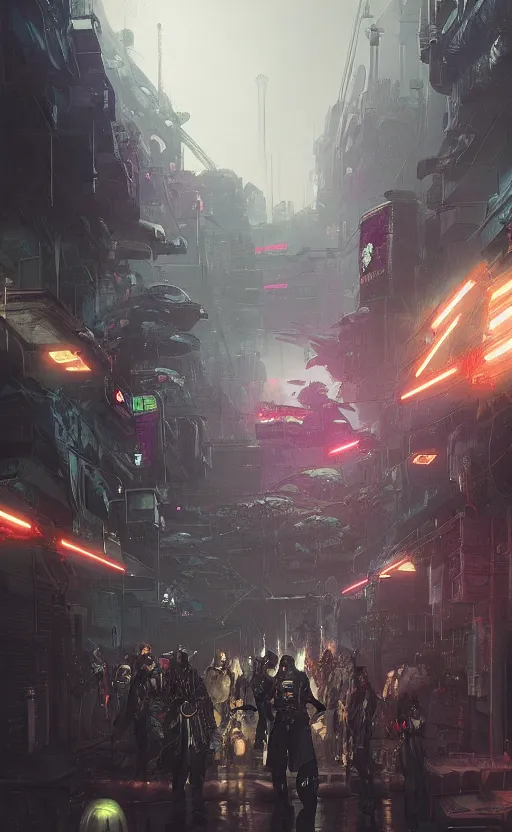 Image similar to cyberpunk samurai crowd, crowd, raven, cyber mech, machenic, arcane, by fortiche, by greg rutkowski, esuthio, craig mullins, wlop