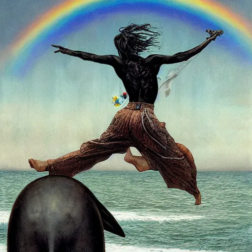 Image similar to a hyper realistic painting of death standing on the back of a dolphin that is jumping over a rainbow, by james c christensen and santiago caruso,