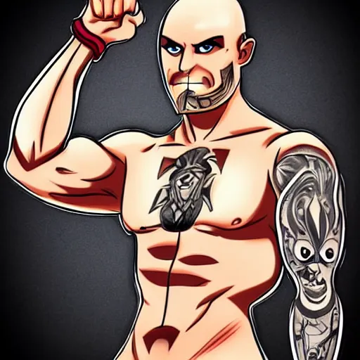 Image similar to muscular bald man, tattooed body, sword in hands, HD, anime style,