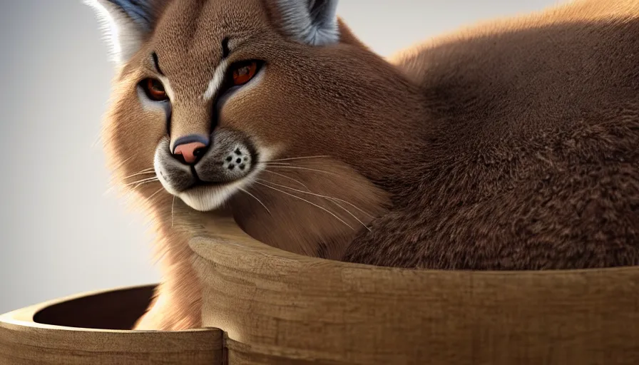 Image similar to closeup photo of cute fluffy caracal lying in wooden barrel, by ilya kuvshinov, rtx rendering, octane render 1 2 8 k, maya, extreme high intricate details by tom bagshaw, medium shot, close up shot, composition by sana takeda, lighting by greg rutkowski