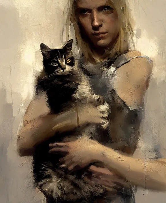 Image similar to blonde greek warrior holding a cat by jeremy mann