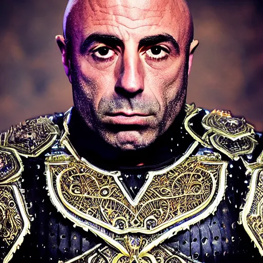 Image similar to joe rogan wearing mage armor, hyper realistic, close up, symmetrical, 4 k, highly ornate intricate details,