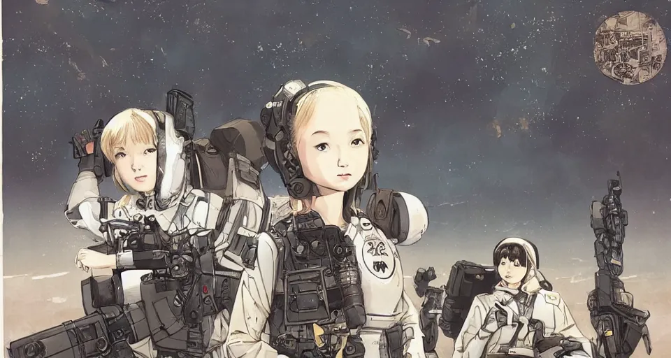 Image similar to pretty young girl with white and black ancestral ornate japanese tactical gear on an abandoned spaceship, long shot, rule of thirds, golden ratio, graphic novel by fiona staples and dustin nguyen, art by beaststars and orange, peter elson, alan bean, studio ghibli, makoto shinkai