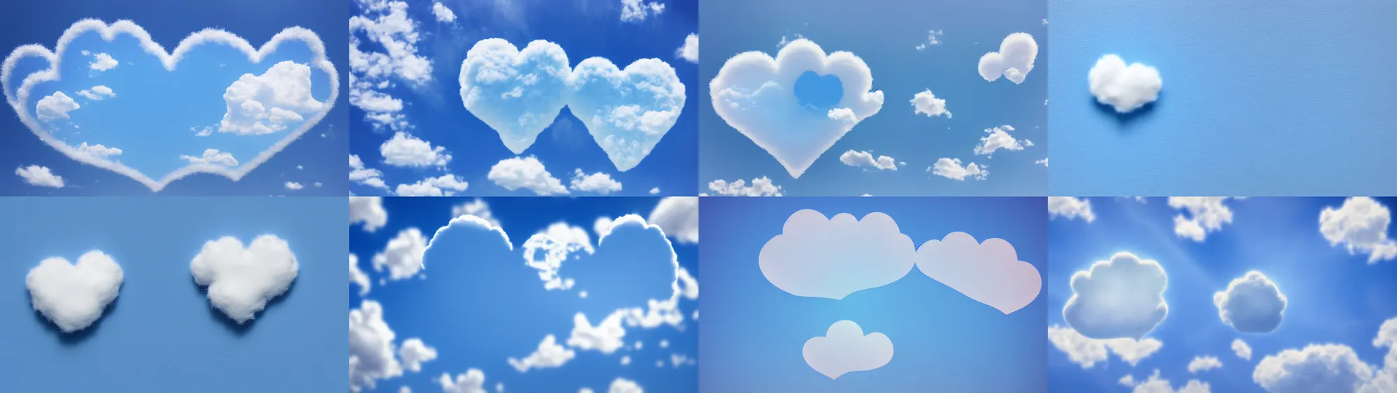 Prompt: tiny fluffy cloud heart on blue clear sky, detailed, hyper realism, photo, realistic, soft volume absorbation, volume light, view up, diffused lights, ultra realism, cinematic, film