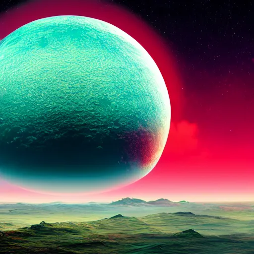 Prompt: A realistic red alien landscape with a purple ocean, green sky, clouds, and two moons, trending on artstation, 4k, 8k, photorealistic imagery, landscape imagery.