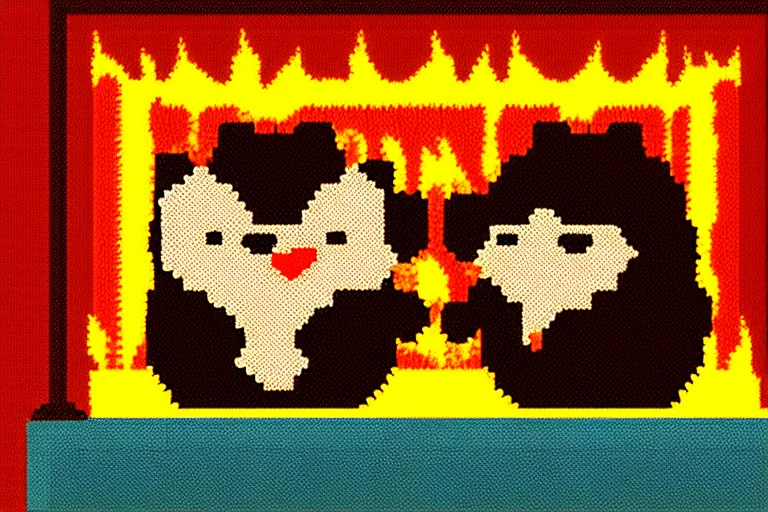 Prompt: two hedgehogs hugging in front of a fireplace, pixel art, log cabin