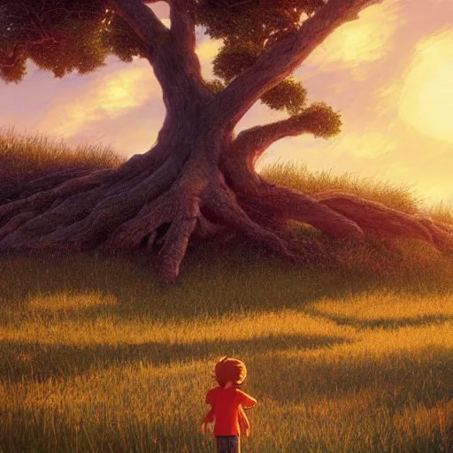 Prompt: A kid climbing a large tree at golden hour in a plain grass field, by Makoto Shinkai and thomas kinkade, digital painting, Matte painting, trending on artstation and unreal engine, in the style of Calvin and Hobbes