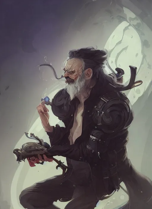 Image similar to low angle picture of a weapon master, holding a ego weapons to the camera, long black jacket, neat white beard and hair, bored, tired, smoking, ego weapons all over the place, squat down pose, highly detailed face, intricate, masterpiece, epic fantasy illustrations by peter mohrbacher and anato finnstark and jeremy lipking