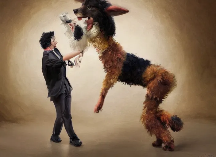 Image similar to wide shot painting of a male anthropomorphic border collie fursona dancing with a cute female anthropomorphic sheep fursona in a ballroom, beautiful, intricate, elegant, realistic proportions, highly detailed, scenic background, trending on artstation, art by charlie bowater and henry asencio and and ross tran