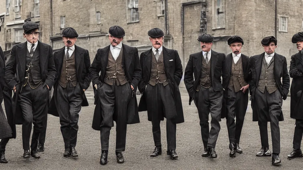 Image similar to a group of shrimps dressed like the peaky blinders