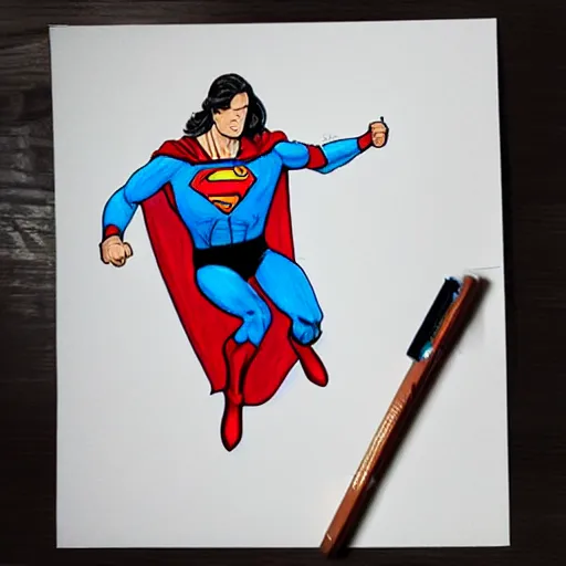 Image similar to a drawing of ricardo arjona dressed as superman eating an ice cream