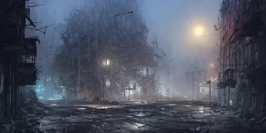 Image similar to A deserted street in a deserted decayed modern town at night, dystopia, intricate, highly detailed, digital painting, artstation, concept art, sharp focus, illustration, art by greg rutkowski and john howe