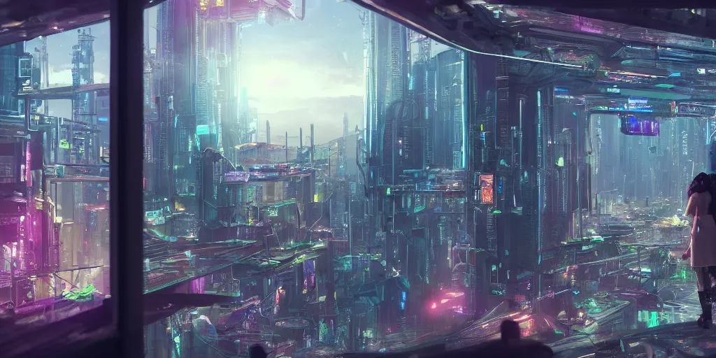 Image similar to a cinematic composition depicting : a translucid crystal - being viewing out of their window how a high tech lush solarpunk tribe with their technology is encroaching on a distant cyberpunk world at sunrise