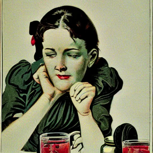 Prompt: sleepy drinker woman, hyper detailed, photo realism, Vintage Magazine Illustration