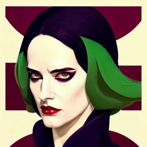 Prompt: Joshua Middleton comic art, wide shot, stunning elegant female Eva Green, spy, kabuki mask, beautiful evil sneer, symmetrical face, symmetrical eyes, leather clothing and boots, long straight green black hair, full body, Indigo occult pattern