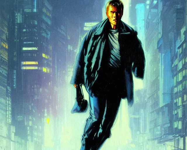 Image similar to 2 0 1 8 blade runner movie young man young clint eastwood in his youth look at the cityscape from roof perfect face fine realistic face pretty face reflective polymer suit tight neon puffy jacket blue futuristic sci - fi elegant by denis villeneuve tom anders zorn hans dragan bibin thoma greg rutkowski ismail inceoglu illustrated sand storm alphonse mucha