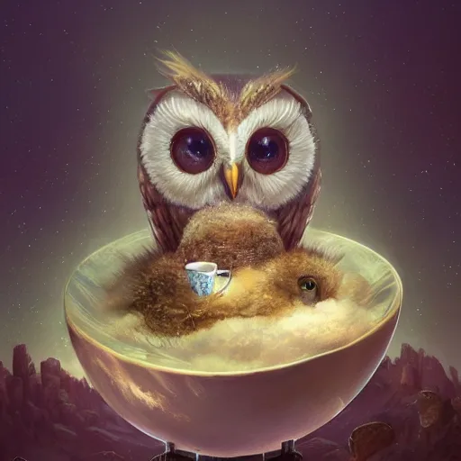 Image similar to long shot of a very cute owl chick nesting in a very futuristic cup, esao andrews, humorous illustration, hyperrealistic, big depth of field, warm colors, night scenery, low light, 3 d octane render, 4 k, conceptart, hyperdetailed, hyperrealistic, trending on artstation