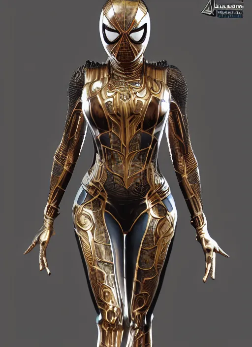 Prompt: hyper realistic glorious ancientl spiderman girl in a obsidian metal armor, futuristic design, designed by makoto kobayashi and luca zampriolo, portrait, sexy style, wood and gold details, intricate, extremely detailed, ornate, deep of field, hard surface, exoskeleton, substance designer metal unreal engine. amazing likeness. very detailed.