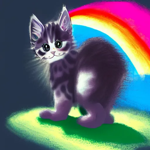 Image similar to wide angle full body, of a fluffy cute rainbow kitten wearing a black leather motorcycle jacket, concept art