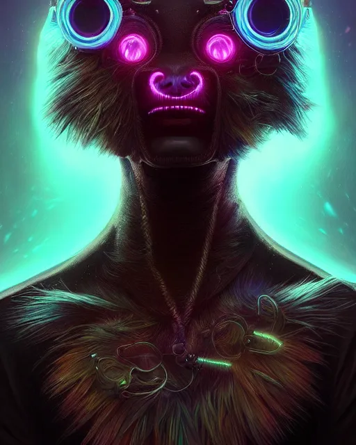 Prompt: one singular portrait of a sad bioluminescent furry creature, cyberpunk, highly detailed, digital painting, cinematic, hyper realism, dark retrowave, art by stanley lau and artgerm and magali villeneuve and alphonse mucha, artstation, octane render, cgsociety