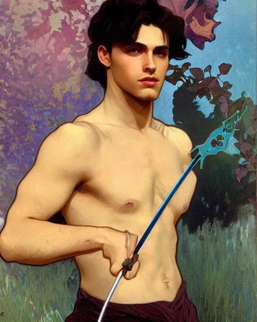 Image similar to Hyper realistic painting of a lean built young man in his twenties holding a rapier, sharp face, handsome, dark hair, fantasy art, by Alphonse Mucha, rich deep moody colors