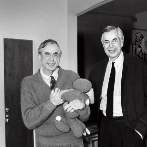 Image similar to Mr. Rogers surrounded by evil killer dolls