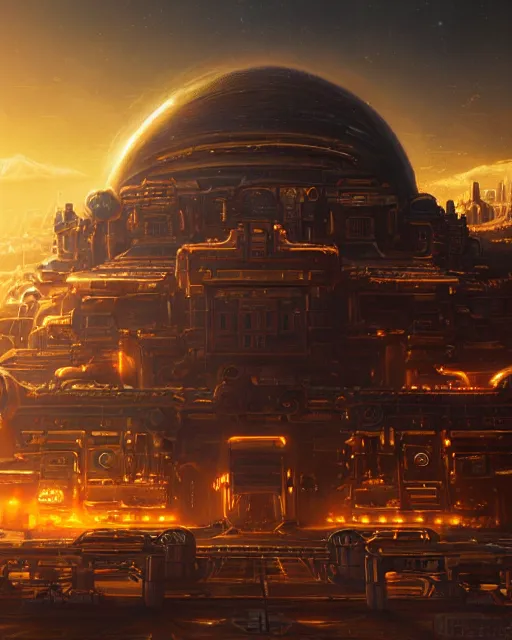 Prompt: cult of technology, exterior of scifi temple, machines, robots, ultra realistic, golden computers, highly detailed, mountains, clouds, futuristic landscape, city, atmosphere, masterpiece, epic lighting, glowing wires, mysterious, illuminated, 4 k, cinematic, art by patryk olkiewicz and chris ostrowski and liang yao