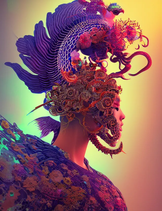 Image similar to 3 d goddess close - up profile solarpunk portrait ram skull. beautiful intricately detailed japanese crow kitsune mask and clasical japanese kimono. betta fish, jellyfish phoenix, bio luminescent, plasma, ice, water, wind, creature, artwork by tooth wu and wlop and beeple and greg rutkowski