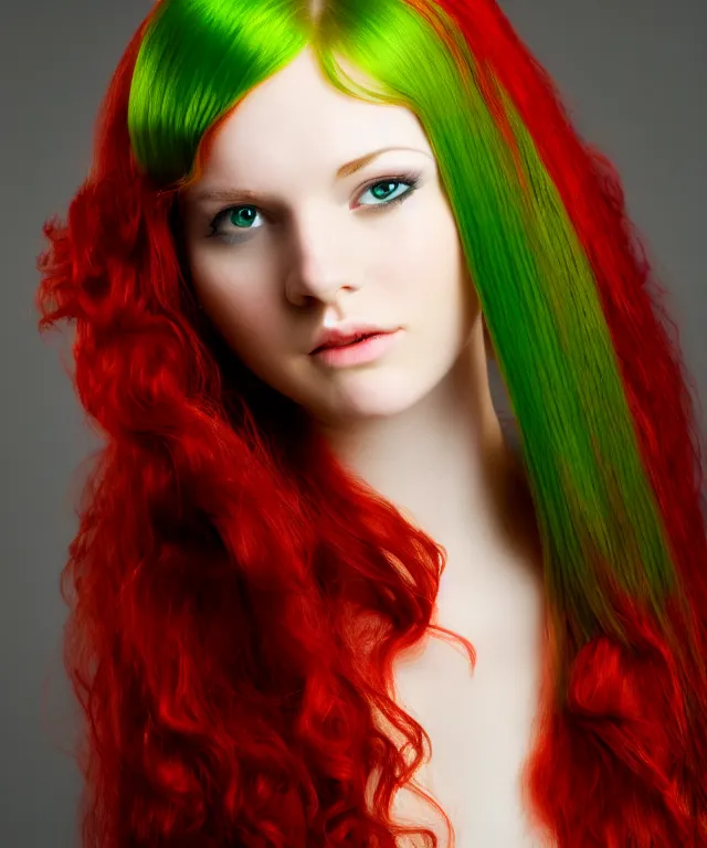 Prompt: Beautiful young woman, Fae, portrait, long red hair, green highlights