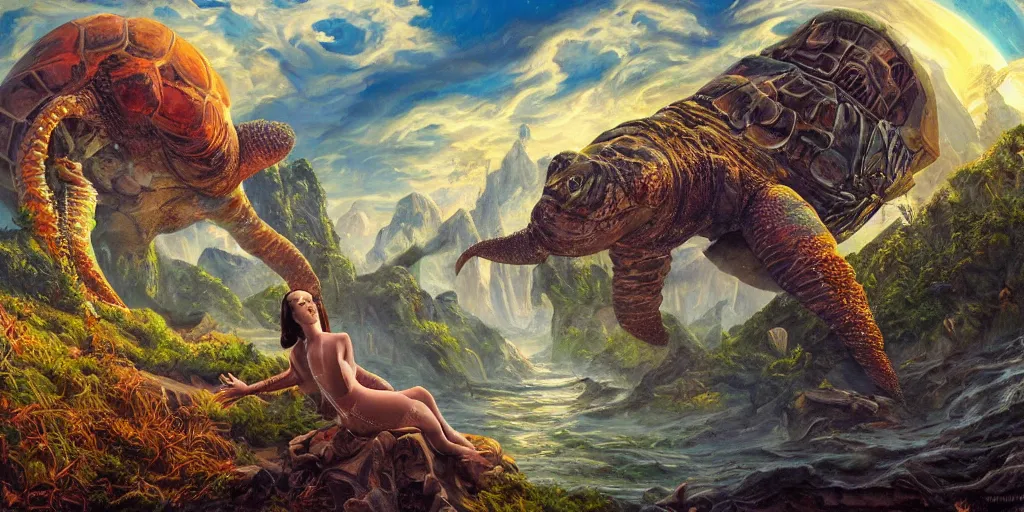 Image similar to fantasy oil painting, great leviathan, cybernetic turtle cephalopod terrapin reptilian pachyderm squid, bella hadid, hybrid, milla jovovich, anubis, epic natural light, lush plants flowers, spectacular mountains, bright clouds, luminous sky, outer worlds, golden hour, michael cheval, edward hopper, michael whelan, vray, hd