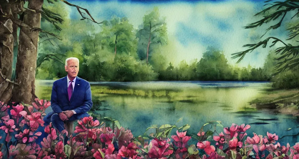 Image similar to watercolor painting of flowers by the lake, forest in the background, dramatic lighting, peaceful, joseph biden sitting