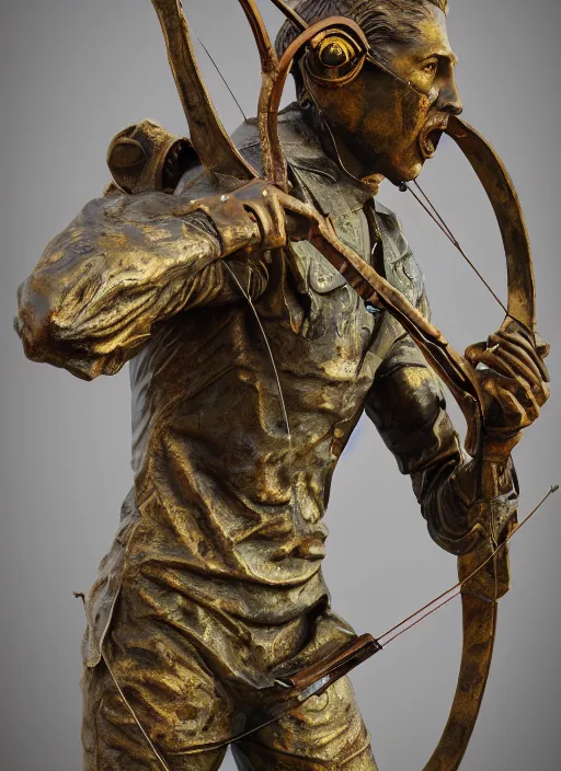 Image similar to An epic fantastic realism comic book style painting of a distressed bronze archery sculpture from the future by Stanislaw Szukalski, gilded colorful marbled paper background, winged archer, fisheye lens, unreal 5, DAZ, hyperrealistic, octane render, dynamic lighting