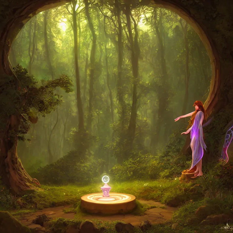 Image similar to Fantasy Magical fairy-tale glowing stone portal in the forest. Round stone portal teleport in trees to other worlds. Fantastic landscape. Magic Altar in the fores, highly detailed, digital painting, artstation, concept art, smooth, sharp focus, illustration, art by alphonse mucha