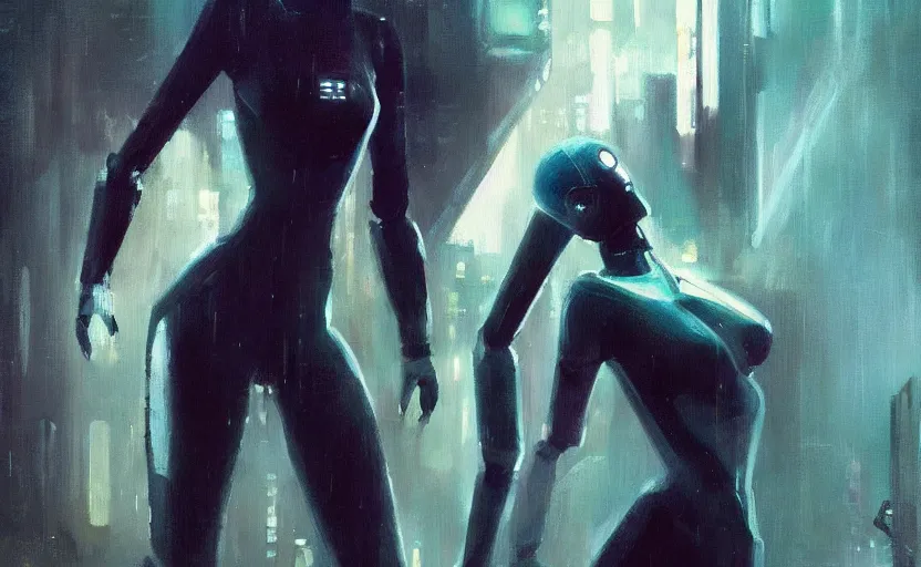 Image similar to a painting of a sensual robot from metropolis trending on artstation in the style of greg rutkowski, blade runner, cyberpunk