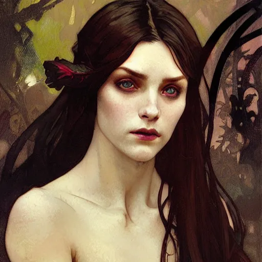 Prompt: Digital portrait of a pretty half-elf half-vampire young woman. Her eyes have red irises and vertical pupils. Art by Greg Rutkowski and Alphonse Mucha