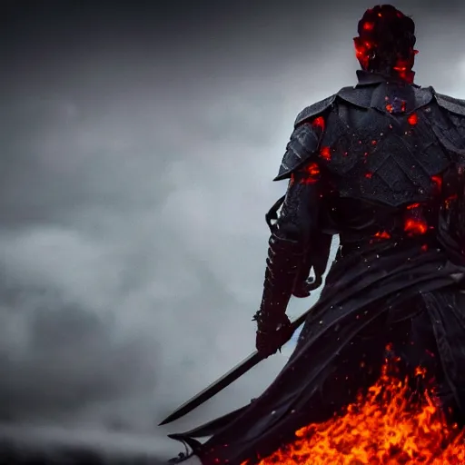 Image similar to The dark paladin with a heated sword in his hand and a burning flame with a sword in the rain. cinematic shot from back, realistic, 4K,