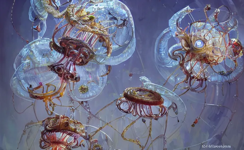 Image similar to Cyborg biomechanical jellyfish city. By Konstantin Razumov, highly detailded