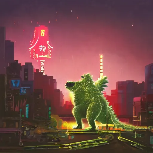 Prompt: a chow chow fighting godzilla in night time tokyo in the style of simon stalenhag