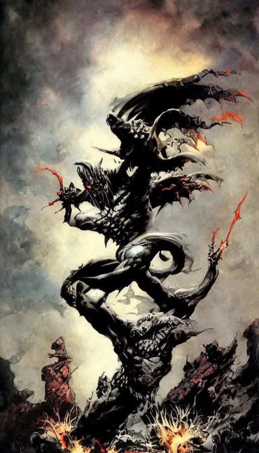 Image similar to demon by Frank Frazetta,fantasy artwork,bold,striking,