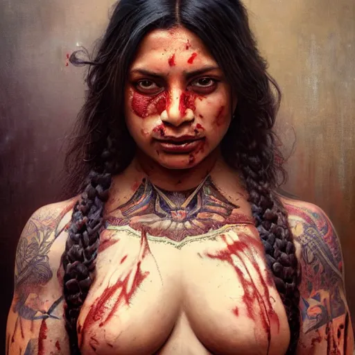 Image similar to portrait painting of a muscular bloodied indian girl butcher, tattooed, symmetric, fat, ultra realistic, concept art, intricate details, eerie, highly detailed, photorealistic, octane render, 8 k, unreal engine. art by artgerm and greg rutkowski and alphonse mucha