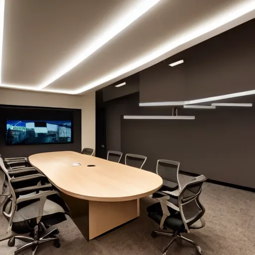 Image similar to office meeting room with led strip lighting, realistic, photography, ledspace, home and garden, houzz, highly detailed, 8k,