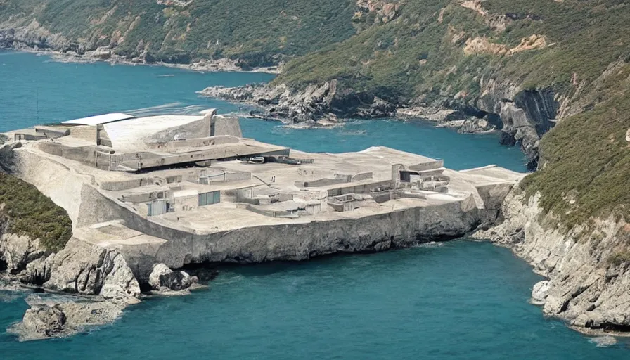 Image similar to big military base perched on a cliff overlooking a magnificient bay, laboratory, drawing architecture, science fiction, pritzker architecture prize, greig fraser