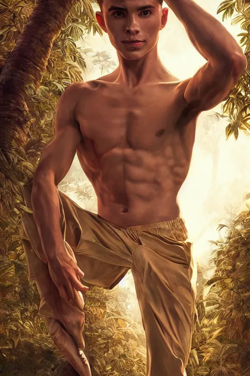 Image similar to stunningly handsome, male ballet dancer in jungle, symmetrical face, golden hour, smooth, focus, highly detailed, hyper realistic, dramatic lighting, elegant, intricate, concept art, art by wlop, mars ravelo, greg rutowski, artstation