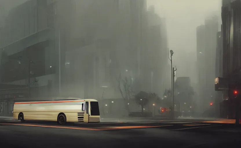 Image similar to exterior traveling greyhound bus circa 2 0 1 5, directed by charlie kaufman ( 2 0 0 1 ) anamorphic lenses, foggy volumetric light morning, cinematic trending on artstation in the style of greg rutkowski