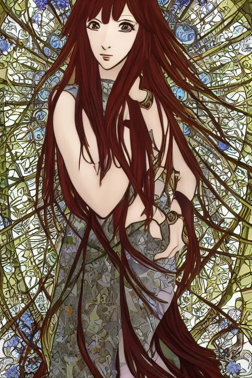 Image similar to Tonemapping Kurisu Makise in the style of Ayami Kojima and Alphonse Mucha