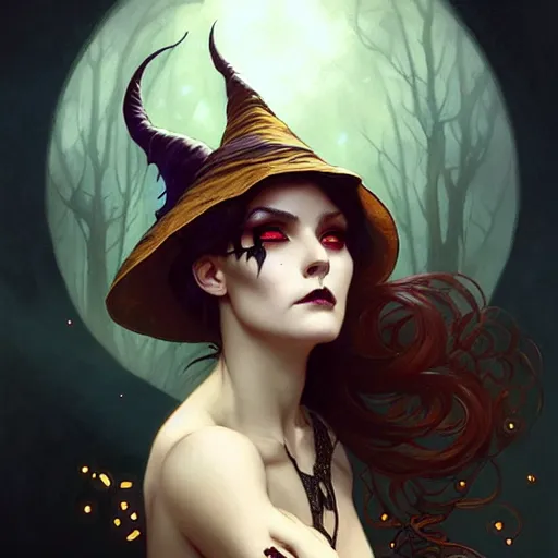 Prompt: halloween funny witch woman, fantasy magic, undercut hairstyle, intricate, elegant, sharp focus, illustration, highly detailed, digital painting, concept art, matte, art by wlop and artgerm and greg rutkowski and alphonse mucha, masterpiece