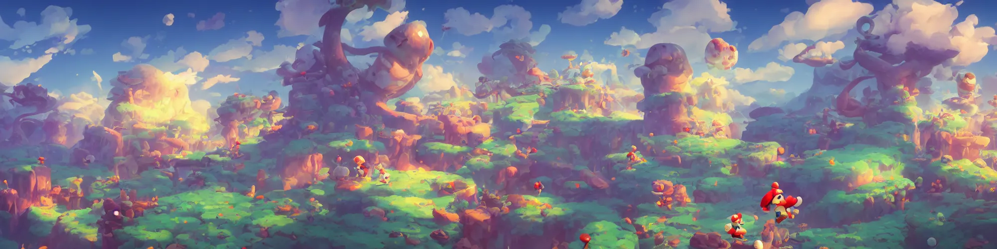 Image similar to 3 6 0 panoramic dynamics matte painting acrylic blur oil wonderland marioworld yoshi kurbi dofus, hight contrast, overlay layer photoshop, behance hd by jesper ejsing, by rhads, makoto shinkai and lois van baarle, ilya kuvshinov, rossdraws global illumination